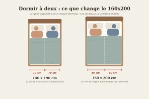 Comparatif vue de dessus d'un lit 140x190 et d'un lit 160x200 : 70 cm contre 80 cm de largeur par dormeur